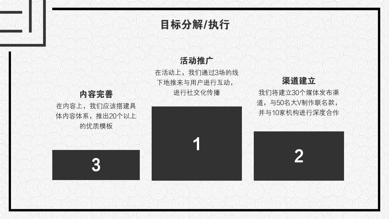 黑白圆圈底纹项目运营方案PPT模版-目标分解/执行<br>